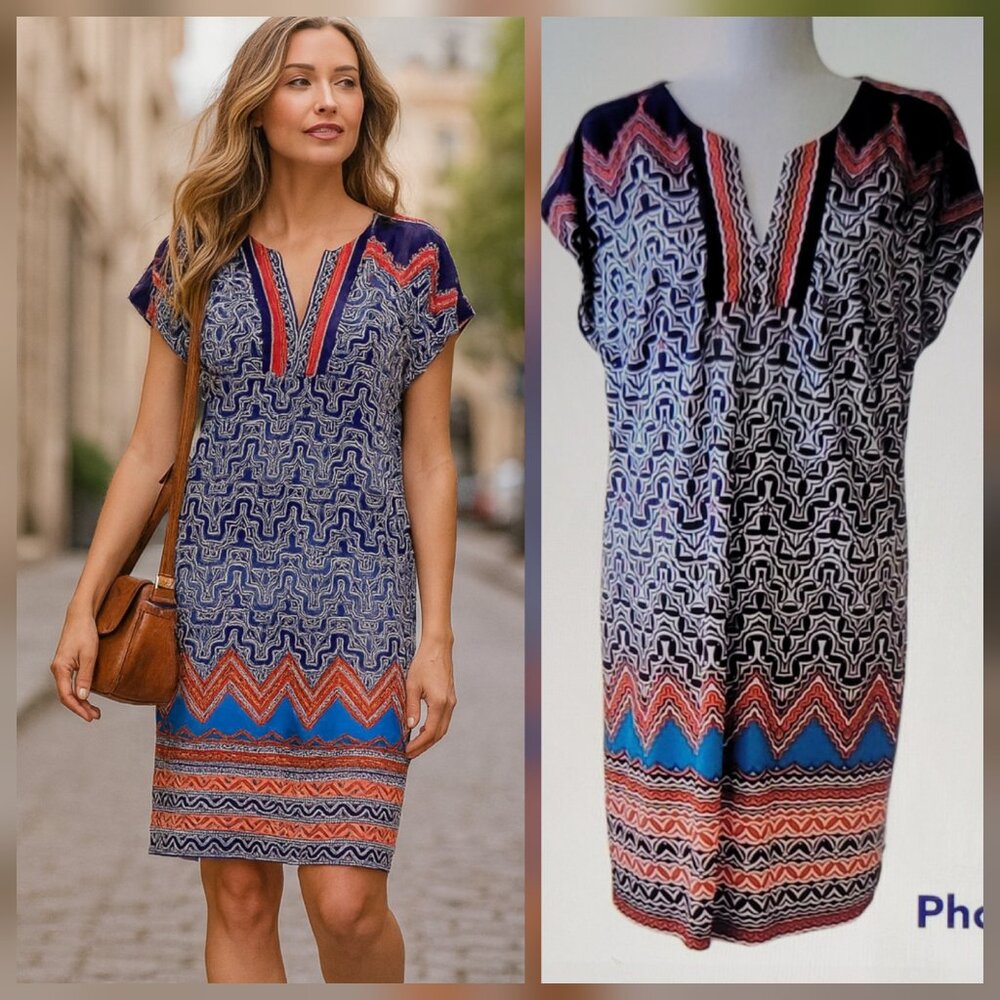Laundry By Shelli Segal Navy Blue White Orange Aztec Print Shift Dress Size M